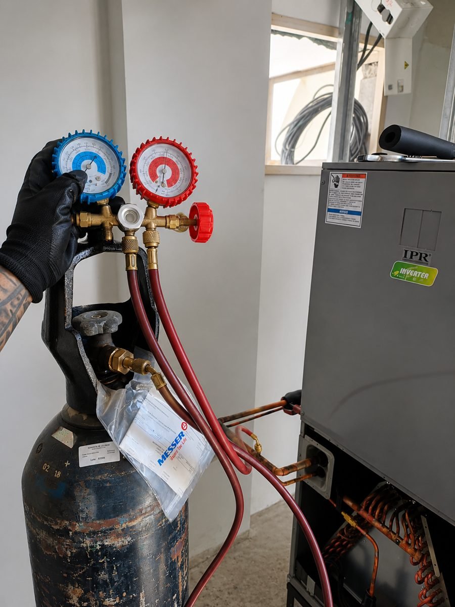 Técnico realizando carga de refrigerante con manómetros en chiller industrial